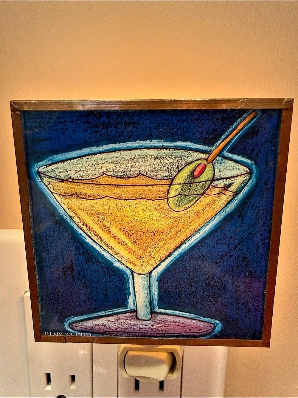 Artisan Made Framed Martini Cocktail Art in Blue, Yellow & Green Night Light